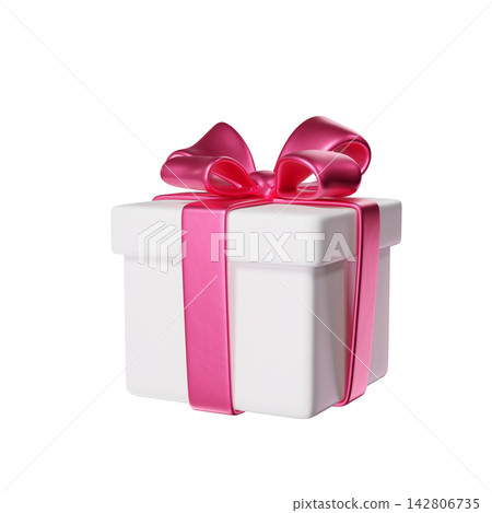 3D White Gift Box with a Pink Ribbon and Bow for Holiday, Birthday, Weddings, St. Valentine's Day or Christmas. Ideal for greeting cards and promotional materials. 3D rendering 3D White Gift Box with a Pink Ribbon and Bow for Holiday, Birthday, Weddings, St. Valentine's Day or Christmas. Ideal for greeting cards and promotional materials. 3D rendering 142806735