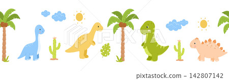 Childish seamless border with cute dinosaurs. Repeating nursery background for kids. Backdrop with brontosaurus and tyrannosaurus, cactus and palm tree Childish seamless border with cute dinosaurs. Repeating nursery background for kids. Backdrop with brontosaurus and tyrannosaurus, cactus and palm tree 142807142