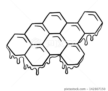 Engraved honeycomb pattern with drips. Hand-drawn black honey comb symbol featuring intricate hexagonal cells and classic beekeeping artwork. 142807150