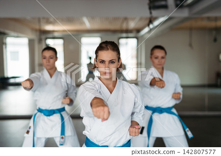 Focused female karate fighters practicing punch technique. Focused female karate fighters practicing punch technique. 142807577