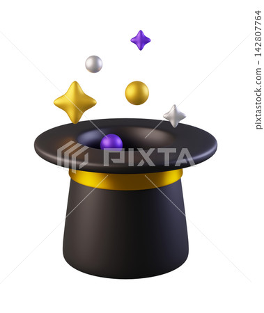 3d Black Magic Hat with Golden Ribbon and Floating Stars and Orbs. Wizard Cylinder Hat icon for magician, show, circus, Halloween. Costume for man isolated on a transparent background 142807764