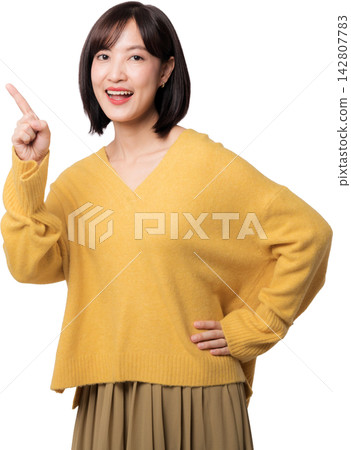 Happy asian woman pointing finger up while recommending artificial intelligence chatbot concept isolated on transparency background with copy space for text advertising Happy asian woman pointing finger up while recommending artificial intelligence chatbot concept isolated on transparency background with copy space for text advertising 142807783