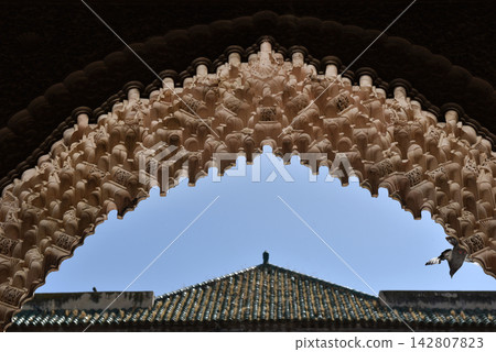 Carved stone gate arch, carved wooden architectural details, Medersa bou Inania, Fez, Morocco Carved stone gate arch, carved wooden architectural details, Medersa bou Inania, Fez, Morocco 142807823