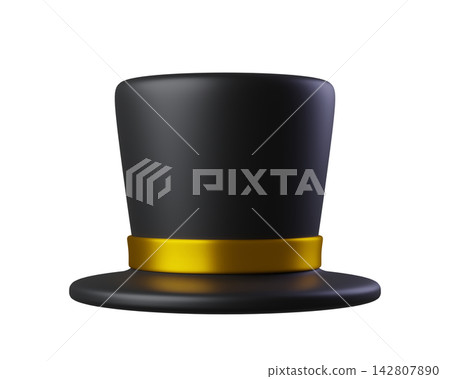 Black Magician Hat with Golden Ribbon. Wizards Cylinder Hat for magicians and artists. 3D Icon clothing accessories isolated on a transparent background Black Magician Hat with Golden Ribbon. Wizards Cylinder Hat for magicians and artists. 3D Icon clothing accessories isolated on a transparent background 142807890