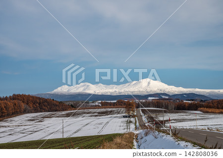 Snow-covered fields and snow-capped mountain ranges surrounded by golden larch forests - Daisetsuzan Mountains Snow-covered fields and snow-capped mountain ranges surrounded by golden larch forests - Daisetsuzan Mountains 142808036