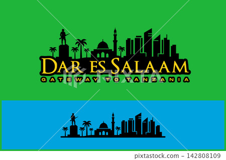 Dar es Salaam cityscape silhouette vector illustration featuring architectural landmarks and urban skyline for travel branding. 142808109