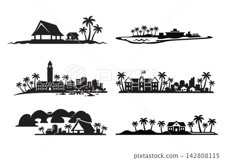 Set of coastal resort and tropical skyline silhouettes featuring palm trees and architecture for vacation and travel branding. Set of coastal resort and tropical skyline silhouettes featuring palm trees and architecture for vacation and travel branding. 142808115
