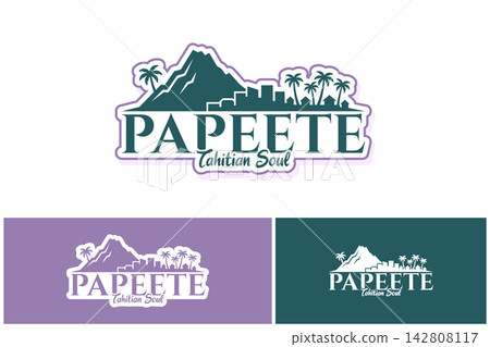 Papeete Tahitian soul logo design showcasing mountain peak silhouette and palm trees for French Polynesia travel promotion. Papeete Tahitian soul logo design showcasing mountain peak silhouette and palm trees for French Polynesia travel promotion. 142808117