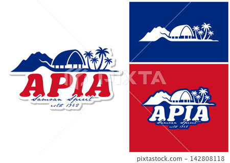 Apia Samoan spirit logo with traditional fale house silhouette and mountain range for South Pacific cultural identity. Apia Samoan spirit logo with traditional fale house silhouette and mountain range for South Pacific cultural identity. 142808118