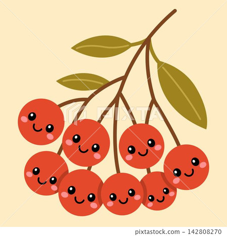 A cluster of cute rowan berries with smiling faces. The berries are bright red, surrounded by green leaves, set against a light background. A cluster of cute rowan berries with smiling faces. The berries are bright red, surrounded by green leaves, set against a light background. 142808270
