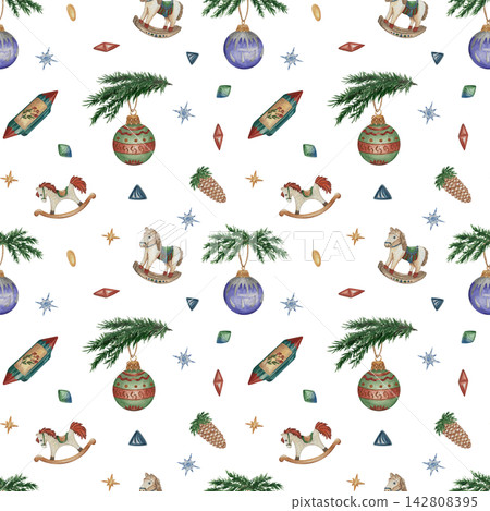 Watercolor Christmas Seamless Pattern with Isolated Holiday Elements 142808395