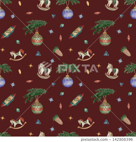 Watercolor Christmas Seamless Pattern with Holiday Ornaments on Red Background Watercolor Christmas Seamless Pattern with Holiday Ornaments on Red Background 142808396