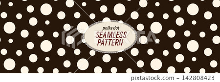 Dot seamless pattern repeat of bold white shapes on deep brown. Big white circles drift over the dark brown background like soft confetti. Continuous vector print for surface pattern or wallpaper Dot seamless pattern repeat of bold white shapes on deep brown. Big white circles drift over the dark brown background like soft confetti. Continuous vector print for surface pattern or wallpaper 142808423