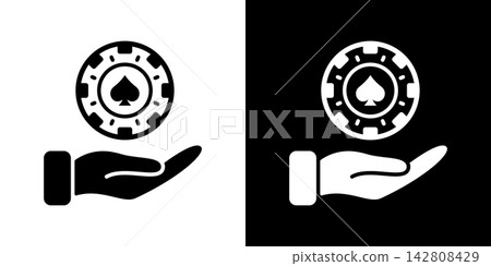 Hand Holding Casino Chip Solid Icon Set. Gambling, Betting, And Casino Gaming Silhouette Symbol Collection. Poker, Luck, And Chance Representation. Isolated Vector Illustration 142808429