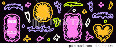 Sticker sale collection of gothic labels on black. Purple, pink, yellow and green frames with hearts, lightning and thorn dividers in vector form. Cutout graphics for product labels or promo flyers Sticker sale collection of gothic labels on black. Purple, pink, yellow and green frames with hearts, lightning and thorn dividers in vector form. Cutout graphics for product labels or promo flyers 142808430