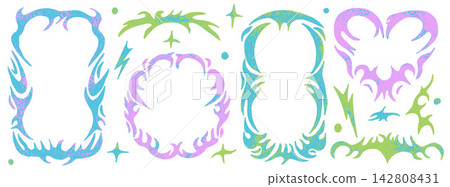 Border frame set with rainbow gradients. Pastel blue, green, lilac and coral tribal shapes with hearts, circles and rectangles in vector form. Colorful accents for invitations or social media 142808431