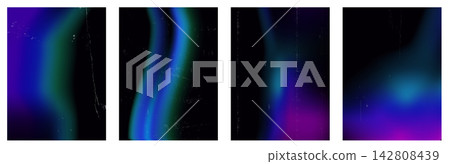 Light leak set of vertical strips in blue green waves. Stipple texture softens dark panels with teal purple gleam. Gradient 3d vector burn collection for infographic layout or presentation slide 142808439