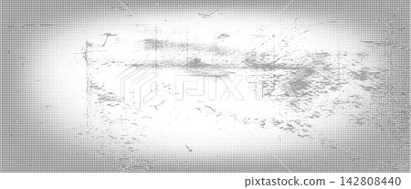 Halftone overlay texture with dark vignette frame and white center. Stipple gradation smears gritty dirt along the dark rim. Moody vector grain layer for advertising banner or presentation design Halftone overlay texture with dark vignette frame and white center. Stipple gradation smears gritty dirt along the dark rim. Moody vector grain layer for advertising banner or presentation design 142808440