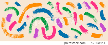 Brush set with playful thin arches and dots on beige. Crayon texture in pastel rainbow tones gives every brush doodle freedom. Curly vector playful arches for infographic design or web banner Brush set with playful thin arches and dots on beige. Crayon texture in pastel rainbow tones gives every brush doodle freedom. Curly vector playful arches for infographic design or web banner 142808441