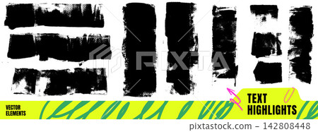 Black dry roller ink set with horizontal bars, upright strokes, and square swatches. Rough grunge texture with frayed edges. Textured vector elements for text highlighting or promotional callout Black dry roller ink set with horizontal bars, upright strokes, and square swatches. Rough grunge texture with frayed edges. Textured vector elements for text highlighting or promotional callout 142808448