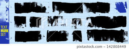 Black dry roller ink collection with stacked bars and small swatch on blue notebook paper. Rough printmaking texture with worn edges. Vector element for scrapbook pages or magazine headline or promo 142808449