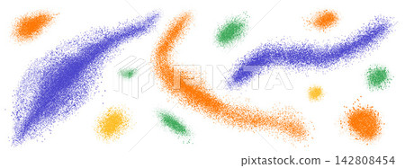 Uneven paint set with orange, violet and green marks. Irregular strokes use stipple and fading spray. Pigment sandy gestures form modular vector accents for classroom worksheet or poster layout Uneven paint set with orange, violet and green marks. Irregular strokes use stipple and fading spray. Pigment sandy gestures form modular vector accents for classroom worksheet or poster layout 142808454