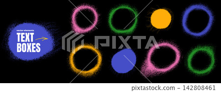 Circle frame set with rings and spots. Round outlines glow on black with aerosol dotwork. Grainy sandy borders form vector brushstroke boxes for video title overlay or social media post Circle frame set with rings and spots. Round outlines glow on black with aerosol dotwork. Grainy sandy borders form vector brushstroke boxes for video title overlay or social media post 142808461