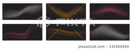 Wave powder set of dark stipple panels. Sandy mineral dust drifts in gold white and magenta gradation on black. Swell curves soften every vector piece for infographic design or presentation slide Wave powder set of dark stipple panels. Sandy mineral dust drifts in gold white and magenta gradation on black. Swell curves soften every vector piece for infographic design or presentation slide 142808469