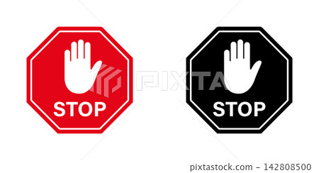 Stop Sign With Hand Solid Icon Set. Traffic Control, Safety Warning, And Prohibition Silhouette Symbol Collection. Road Signage And Regulation. Isolated Vector Illustration Stop Sign With Hand Solid Icon Set. Traffic Control, Safety Warning, And Prohibition Silhouette Symbol Collection. Road Signage And Regulation. Isolated Vector Illustration 142808500