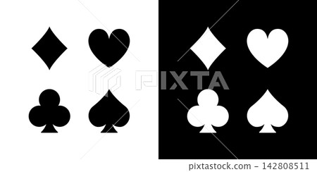 Playing Card Suits Solid Icon Set. Card Game Symbols Including Diamond, Heart, Club, And Spade Silhouette Collection. Gambling And Casino Theme. Isolated Vector Illustration 142808511