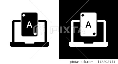 Laptop With Playing Card Solid Icon Set. Online Gambling, Poker, And Casino Gaming Silhouette Symbol Collection. Digital Entertainment And Betting. Isolated Vector Illustration 142808513