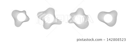 Circular sound wave patterns with radial burst lines and concentric rings on white background. 142808523