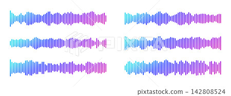 Vibrant gradient music icon with soundwave pattern and audio frequency bars. 142808524