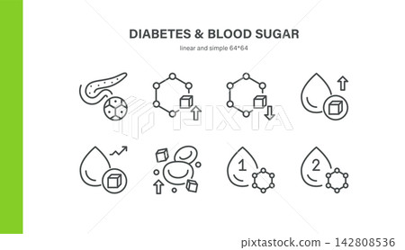 Diabetes and Blood Sugar Vector Line Icons Set. Includes Pancreas, Glucose Levels, Hyperglycemia, Hypoglycemia, Type 1 and Type 2. Diabetes and Blood Sugar Vector Line Icons Set. Includes Pancreas, Glucose Levels, Hyperglycemia, Hypoglycemia, Type 1 and Type 2. 142808536