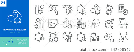 Hormonal Health Vector Line Icon Set with Menopause, Menstrual Cycle, Thyroid, Fertility, IVF, Contraception, Metabolism and Hormone Balance. Hormonal Health Vector Line Icon Set with Menopause, Menstrual Cycle, Thyroid, Fertility, IVF, Contraception, Metabolism and Hormone Balance. 142808542