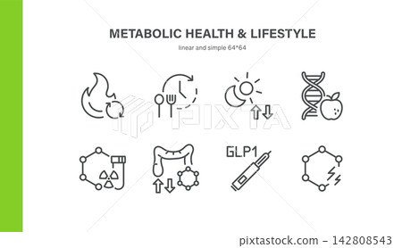 Metabolic Health and Lifestyle Vector Line Icon Set with Metabolism, Fasting, Circadian Rhythm, Nutrigenomics, Gut Hormones, GLP-1 and Energy. 142808543