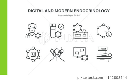 Digital and Modern Endocrinology Vector Line Icons Set. Contains Endocrinologist, Hormone Tests, AI, Telemedicine and Diagnostic Imaging. Digital and Modern Endocrinology Vector Line Icons Set. Contains Endocrinologist, Hormone Tests, AI, Telemedicine and Diagnostic Imaging. 142808544