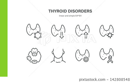 Thyroid Disorders Vector Line Icons Set. Contains Hypothyroidism, Hyperthyroidism, Goiter, Thyroiditis, Nodule and Cancer Awareness. Thyroid Disorders Vector Line Icons Set. Contains Hypothyroidism, Hyperthyroidism, Goiter, Thyroiditis, Nodule and Cancer Awareness. 142808548