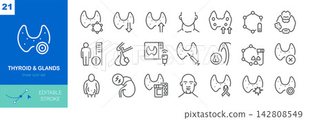 21 Thyroid and Endocrine Gland Vector Line Icons. Includes Hypothyroidism, Hyperthyroidism, Ultrasound, Biopsy and Medication. Editable Stroke. 21 Thyroid and Endocrine Gland Vector Line Icons. Includes Hypothyroidism, Hyperthyroidism, Ultrasound, Biopsy and Medication. Editable Stroke. 142808549