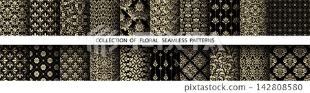 Geometric floral set of seamless patterns. Golden and black vector backgrounds. Damask graphic ornaments Geometric floral set of seamless patterns. Golden and black vector backgrounds. Damask graphic ornaments 142808580