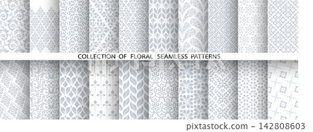Geometric floral set of seamless patterns. White and gray vector backgrounds. Damask graphic ornaments Geometric floral set of seamless patterns. White and gray vector backgrounds. Damask graphic ornaments 142808603