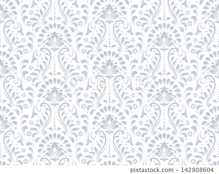 Floral pattern. Seamless vector background. Vintage wallpaper in the Baroque style. White and gray ornament for fabric, wallpaper, packaging. Ornate Damask flower illustration Floral pattern. Seamless vector background. Vintage wallpaper in the Baroque style. White and gray ornament for fabric, wallpaper, packaging. Ornate Damask flower illustration 142808604