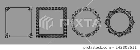 Set of decorative frames Elegant vector element for design in Eastern style, place for text. Floral black and gray frames. Lace illustration for invitations and greeting cards 142808611