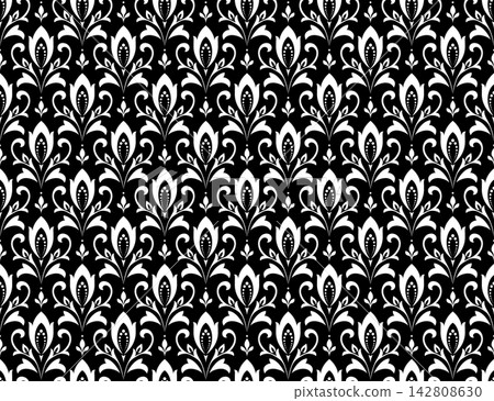 Flower geometric pattern. Seamless vector background. White and black ornament. Ornament for fabric, wallpaper, packaging. Decorative print. Flower geometric pattern. Seamless vector background. White and black ornament. Ornament for fabric, wallpaper, packaging. Decorative print. 142808630