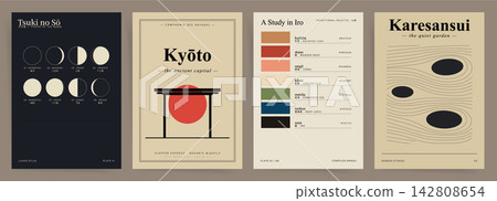 Japanese Poster Set of Moon Phases Kyoto Color Palette and Zen Garden Japanese Poster Set of Moon Phases Kyoto Color Palette and Zen Garden 142808654