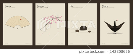 Japanese Poster Set with Sakura Origami Crane Fan and Zen Stones. Wallpaper Art Decor in Modern Aesthetic Style. Japanese Poster Set with Sakura Origami Crane Fan and Zen Stones. Wallpaper Art Decor in Modern Aesthetic Style. 142808656