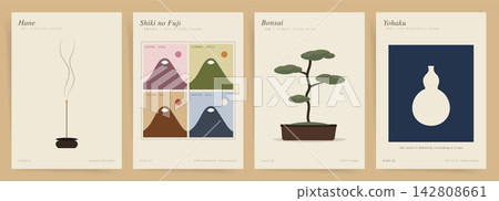 Japanese Minimalist Poster Set with Bonsai Mount Fuji and Incense. Wallpaper Art Decor in Modern Aesthetic Style. Japanese Minimalist Poster Set with Bonsai Mount Fuji and Incense. Wallpaper Art Decor in Modern Aesthetic Style. 142808661