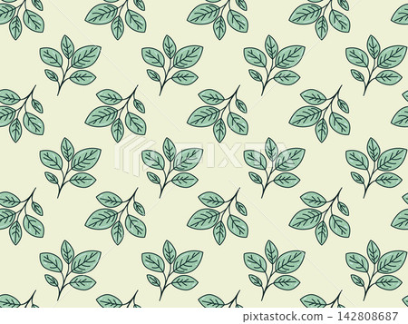 Elegant seamless pattern of stylized teal leaves on a pale yellow background. Perfect for textile design, wallpaper, packaging, or website backgrounds. Elegant seamless pattern of stylized teal leaves on a pale yellow background. Perfect for textile design, wallpaper, packaging, or website backgrounds. 142808687