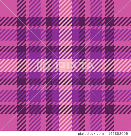 Stage pattern plaid background, festive tartan texture vector. Machinery textile check fabric seamless in pink and purple colors. Stage pattern plaid background, festive tartan texture vector. Machinery textile check fabric seamless in pink and purple colors. 142808696