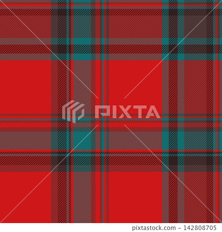 Folded plaid seamless fabric, postcard background texture vector. Full textile tartan pattern check in red and cyan colors. Folded plaid seamless fabric, postcard background texture vector. Full textile tartan pattern check in red and cyan colors. 142808705